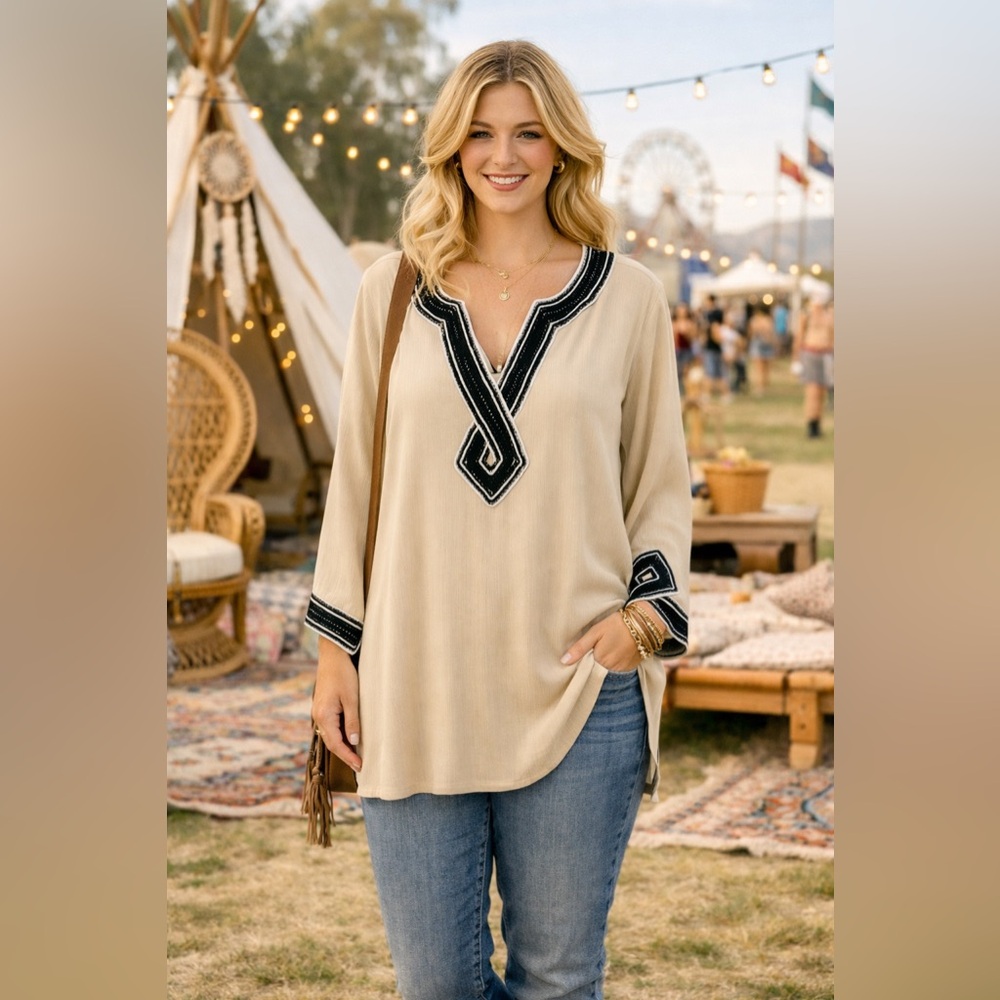 Soft Surroundings Beaded Sequin Crinkle Tunic Top Beige Women’s Sz XL